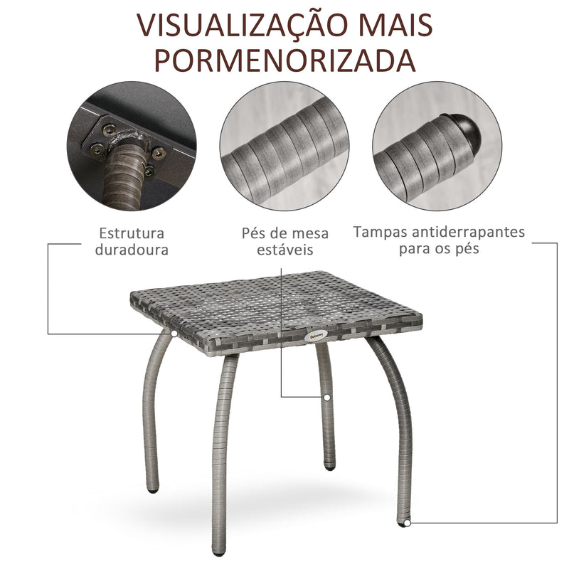 Mesa de Jardim de Vime Mesinha Auxiliar com Pés de Metal Capacidade 30 kg Mesa de Exterior para Pátio Terraço Varanda 45x45x44 cm Cinza