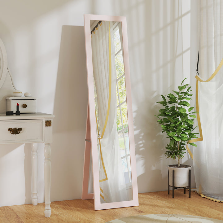 Espelho de Corpo Inteiro 37x155 cm Espelho de Pé Espelho de Parede Retangular com Estrutura de Madeira Decorativo para Sala de Estar Dormitório Corredor Rosa Claro