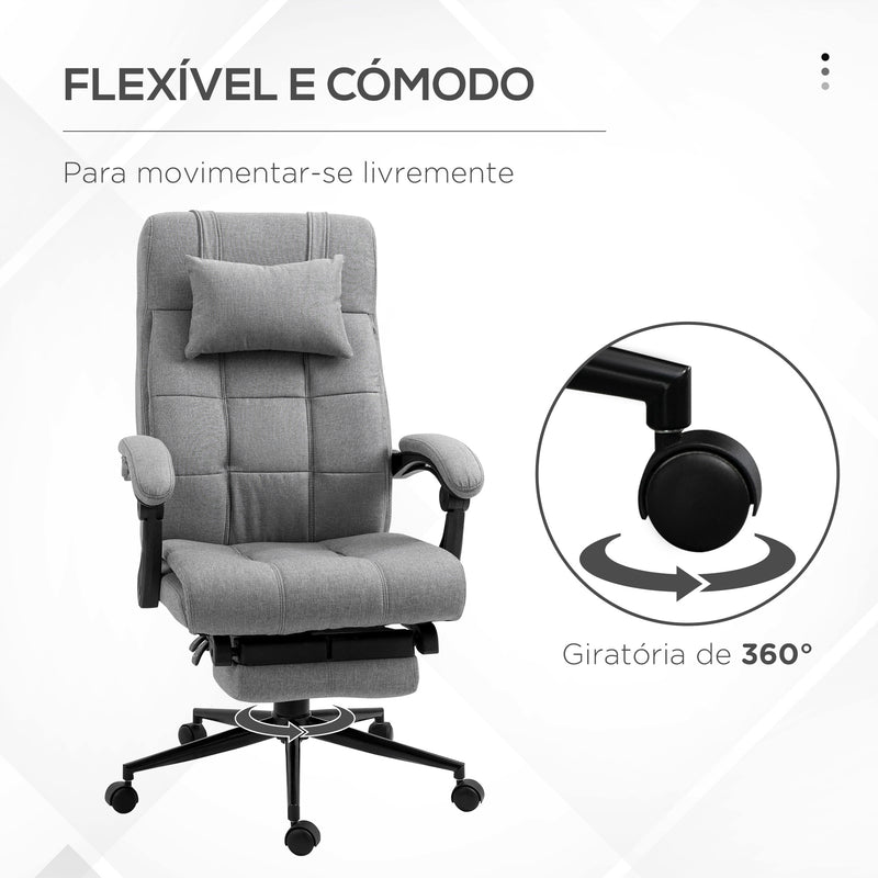 Cadeira de Escritório Reclinável Cadeira de Escritório Giratória Estofada em Tecido com Altura Ajustável Apoio para os Pés e Apoio para a Cabeça Carga Máxima 120 kg para Estúdio 66x76x116-124 cm Cinza