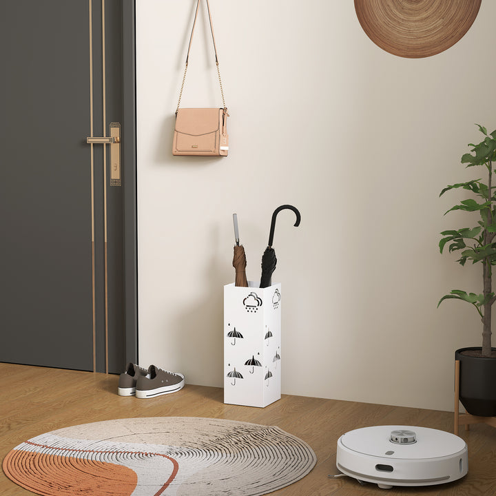 Suporte para Guarda Chuva de Aço Suporte para Guarda Chuva com 4 Ganchos e Bandeja de Gotejamento Amovível Suporte para Guarda Chuva Branco para Entrada Escritório 15,5x15,5x41 cm