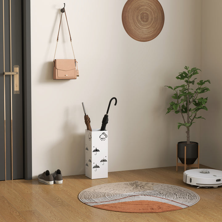 Suporte para Guarda Chuva de Aço Suporte para Guarda Chuva com 4 Ganchos e Bandeja de Gotejamento Amovível Suporte para Guarda Chuva Branco para Entrada Escritório 15,5x15,5x41 cm