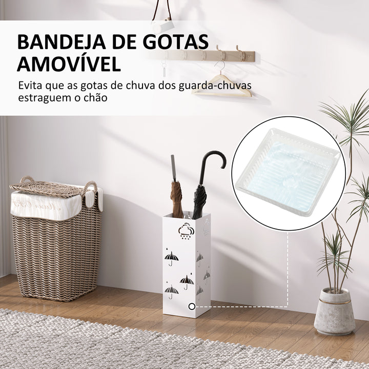 Suporte para Guarda Chuva de Aço Suporte para Guarda Chuva com 4 Ganchos e Bandeja de Gotejamento Amovível Suporte para Guarda Chuva Branco para Entrada Escritório 15,5x15,5x41 cm