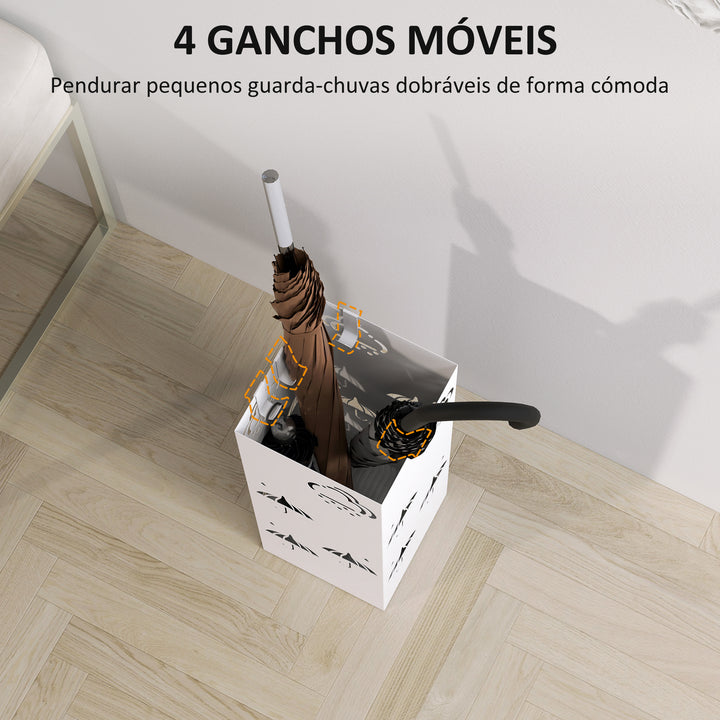 Suporte para Guarda Chuva de Aço Suporte para Guarda Chuva com 4 Ganchos e Bandeja de Gotejamento Amovível Suporte para Guarda Chuva Branco para Entrada Escritório 15,5x15,5x41 cm