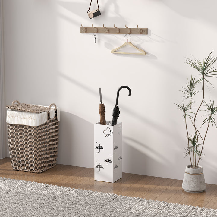Suporte para Guarda Chuva de Aço Suporte para Guarda Chuva com 4 Ganchos e Bandeja de Gotejamento Amovível Suporte para Guarda Chuva Branco para Entrada Escritório 15,5x15,5x41 cm