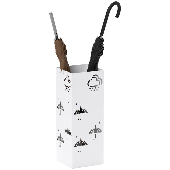 Suporte para Guarda Chuva de Aço Suporte para Guarda Chuva com 4 Ganchos e Bandeja de Gotejamento Amovível Suporte para Guarda Chuva Branco para Entrada Escritório 15,5x15,5x41 cm