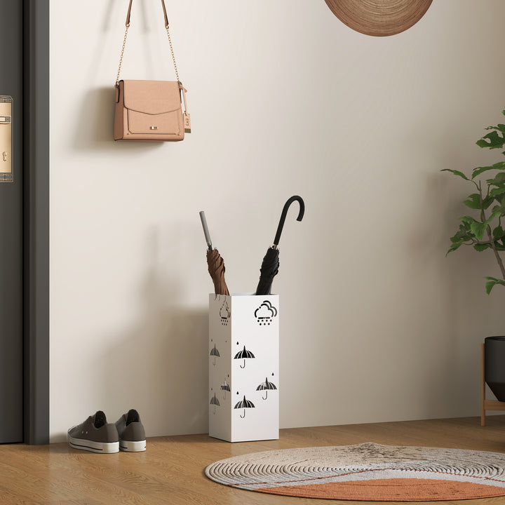 Suporte para Guarda Chuva de Aço Suporte para Guarda Chuva com 4 Ganchos e Bandeja de Gotejamento Amovível Suporte para Guarda Chuva Branco para Entrada Escritório 15,5x15,5x41 cm