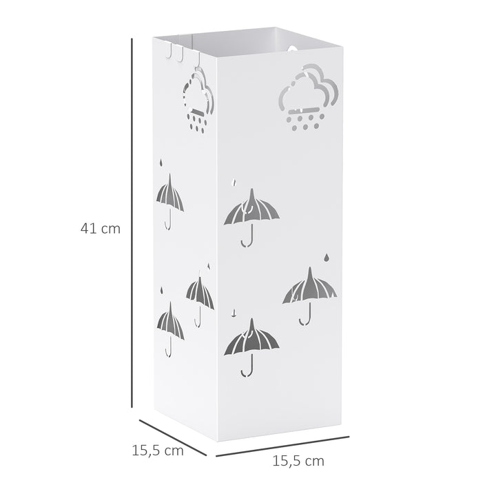 Suporte para Guarda Chuva de Aço Suporte para Guarda Chuva com 4 Ganchos e Bandeja de Gotejamento Amovível Suporte para Guarda Chuva Branco para Entrada Escritório 15,5x15,5x41 cm
