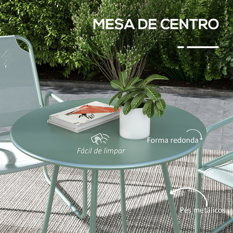 Conjunto de Móveis de Jardim Conjunto de 1 Mesa Redonda e 2 Cadeiras de Varanda com Estrutura de Aço Apoio para os Braços e Pés com Almofadas Ajustáveis para Varanda Pátio Verde