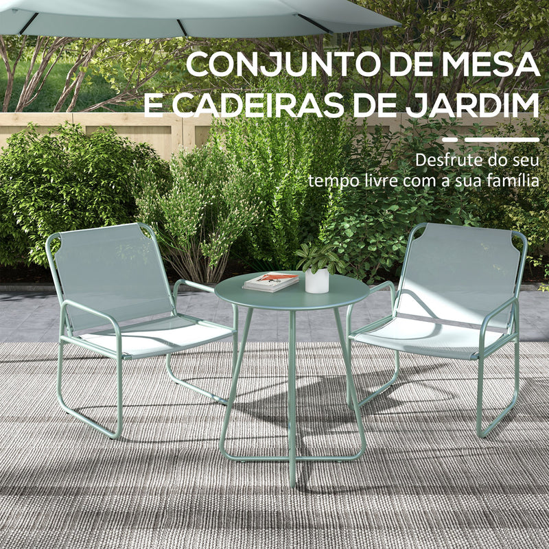 Conjunto de Móveis de Jardim Conjunto de 1 Mesa Redonda e 2 Cadeiras de Varanda com Estrutura de Aço Apoio para os Braços e Pés com Almofadas Ajustáveis para Varanda Pátio Verde