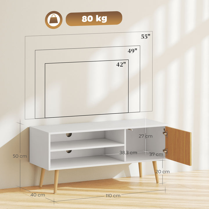 Móvel de TV Minimalista com 2 Prateleiras de Armazenamento e Armário Móvel de TV para Televisores de até 55 Polegadas para Dormitório 110x40x50 cm Branco e Madeira