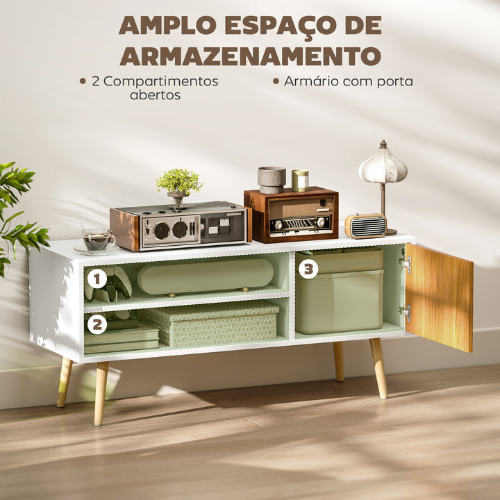 Móvel de TV Minimalista com 2 Prateleiras de Armazenamento e Armário Móvel de TV para Televisores de até 55 Polegadas para Dormitório 110x40x50 cm Branco e Madeira