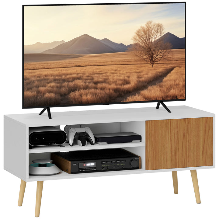 Móvel de TV Minimalista com 2 Prateleiras de Armazenamento e Armário Móvel de TV para Televisores de até 55 Polegadas para Dormitório 110x40x50 cm Branco e Madeira