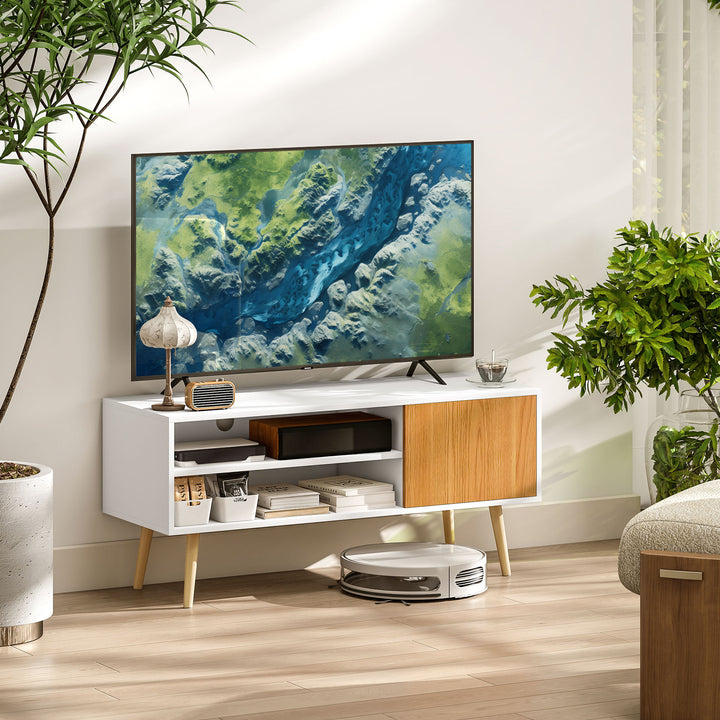 Móvel de TV Minimalista com 2 Prateleiras de Armazenamento e Armário Móvel de TV para Televisores de até 55 Polegadas para Dormitório 110x40x50 cm Branco e Madeira