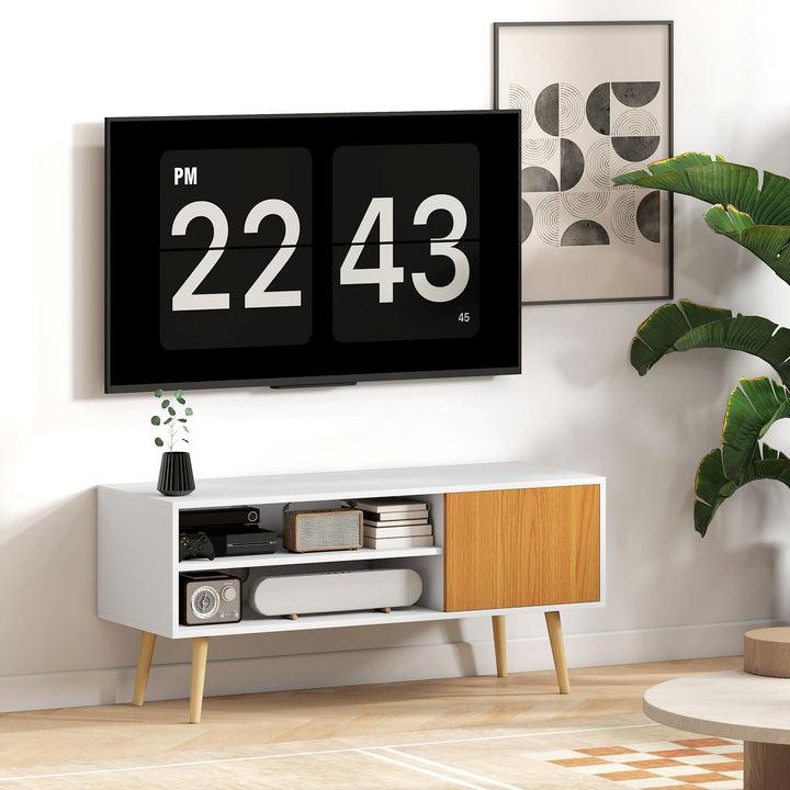 Móvel de TV Minimalista com 2 Prateleiras de Armazenamento e Armário Móvel de TV para Televisores de até 55 Polegadas para Dormitório 110x40x50 cm Branco e Madeira