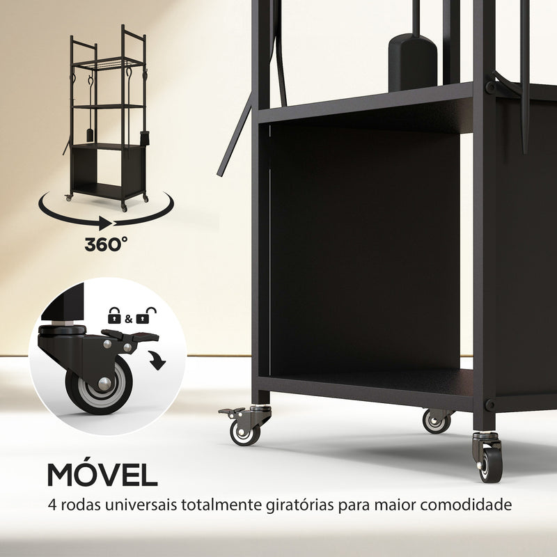 Suporte para Lenha com Rodas Suporte para Lenha de 4 Níveis Estante para Lenha com Pá Escova Atiçador e Tenaz para Interior e Exterior 45x30x118 cm Preto