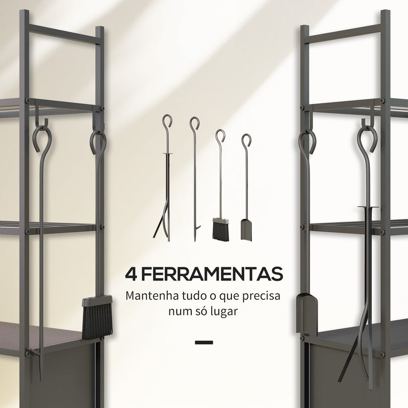 Suporte para Lenha com Rodas Suporte para Lenha de 4 Níveis Estante para Lenha com Pá Escova Atiçador e Tenaz para Interior e Exterior 45x30x118 cm Preto