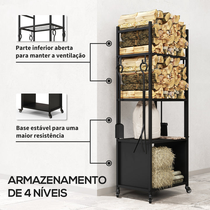 Suporte para Lenha com Rodas Suporte para Lenha de 4 Níveis Estante para Lenha com Pá Escova Atiçador e Tenaz para Interior e Exterior 45x30x118 cm Preto