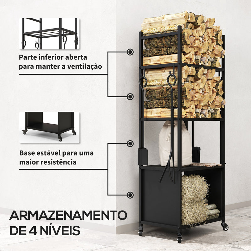 Suporte para Lenha com Rodas Suporte para Lenha de 4 Níveis Estante para Lenha com Pá Escova Atiçador e Tenaz para Interior e Exterior 45x30x118 cm Preto