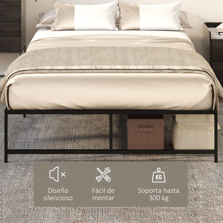 Estrutura de Cama Dupla de Metal para Colchão 135x190cm com Pés de 35cm Estrutura de Cama de Casal com Espaço em Baixo de Armazenamento 141,5x195x35cm Preto