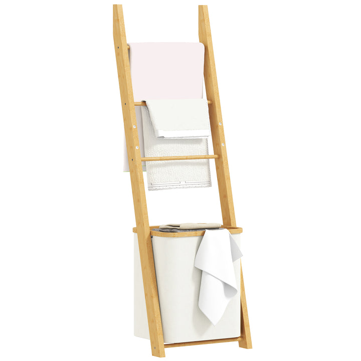 Estante para Casa de Banho de Bambu Toalheiro de Pé com 3 Barras e Cesto para Roupa Suja Removível de 48 L para Quarto Lavandaria 43x35x133 cm Creme e Madeira
