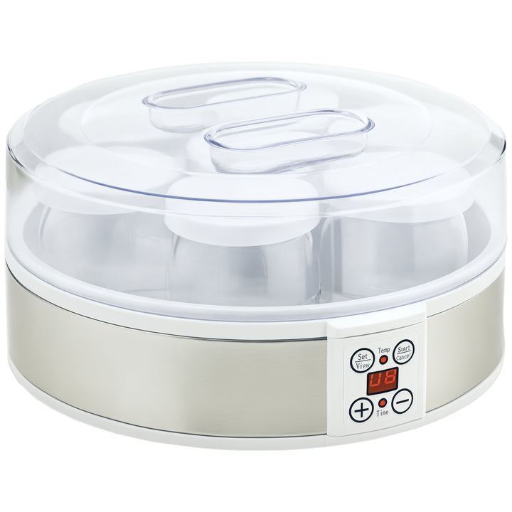 Iogurteira 20W Capacidade 1,26L Máquina de Iogurte com 7 Frascos de Cristal de 180 ml Termóstato Ajustável Temporizador de 1-48 horas e Ecrã LED 24x24x13 cm Branco
