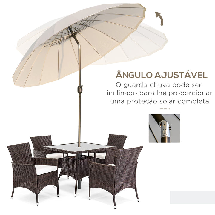 Chapéu de Sol de Jardim Ø2,5x2,4 m Chapéu de Sol de Terraço com Manivela Manual Mastro Flexível Impermeável e 18 Varas para Exterior Creme