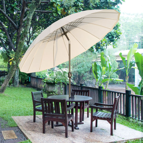 Chapéu de Sol de Jardim Ø2,5x2,4 m Chapéu de Sol de Terraço com Manivela Manual Mastro Flexível Impermeável e 18 Varas para Exterior Creme