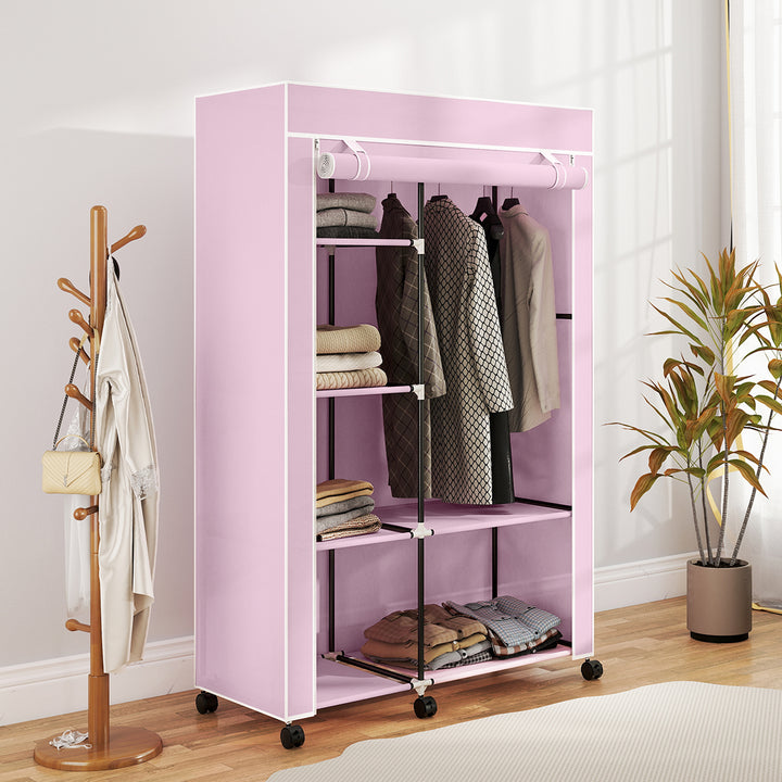 Roupeiro de Tecido Dobrável Armário de Roupa Portátil com 6 Prateleiras 1 Barra de Pendurar e Rodas para Dormitório Vestidor 103x43x162,5 cm Rosa