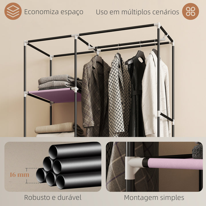 Roupeiro de Tecido Dobrável Armário de Roupa Portátil com 6 Prateleiras 1 Barra de Pendurar e Rodas para Dormitório Vestidor 103x43x162,5 cm Rosa
