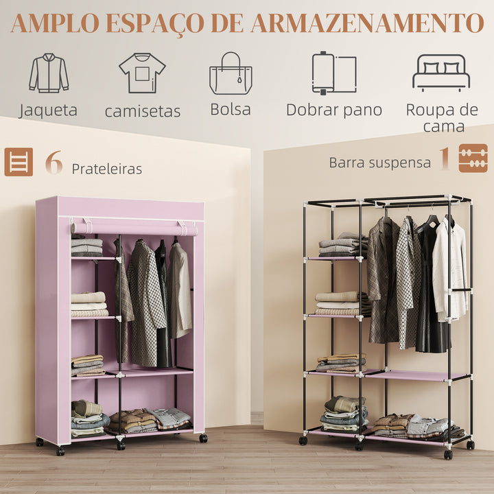 Roupeiro de Tecido Dobrável Armário de Roupa Portátil com 6 Prateleiras 1 Barra de Pendurar e Rodas para Dormitório Vestidor 103x43x162,5 cm Rosa