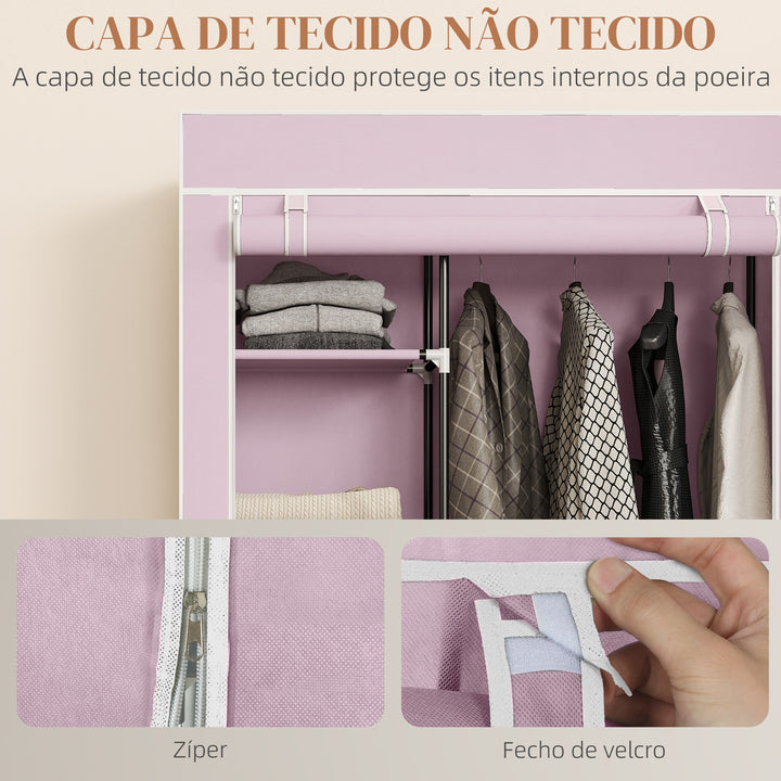 Roupeiro de Tecido Dobrável Armário de Roupa Portátil com 6 Prateleiras 1 Barra de Pendurar e Rodas para Dormitório Vestidor 103x43x162,5 cm Rosa