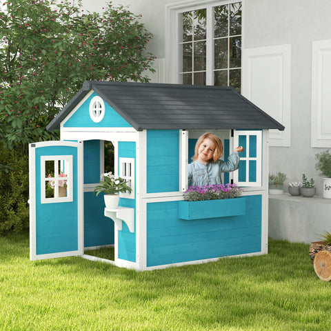 Casinha de Jardim Infantil Casa de Madeira para Crianças com Porta Janelas Floreiros e Prateleiras 114x126,4x135 cm Azul