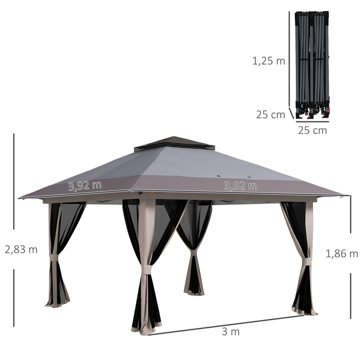 Tenda Dobrável Pop-up 4x4x2,8 m Tenda de Jardim com Altura Ajustável Anti-UV Impermeável Telhado Duplo Redes Mosquiteiras e Bolsa com Rodas para Exterior Festas Camping Cinzento Claro