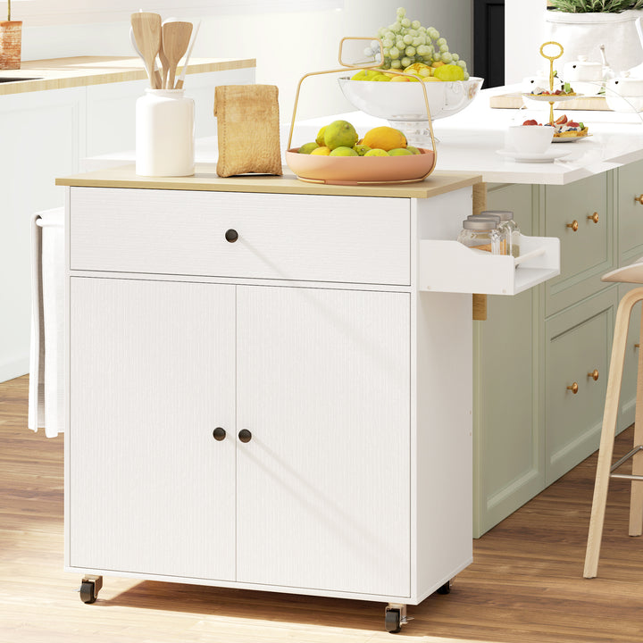 Ilha de Cozinha com Rodas Carrinho de Cozinha com Lateral Dobrável 2 Portas Gaveta Suporte para Temperos e Panos e Prateleira Ajustável 106x42x87 cm Branco e Carvalho