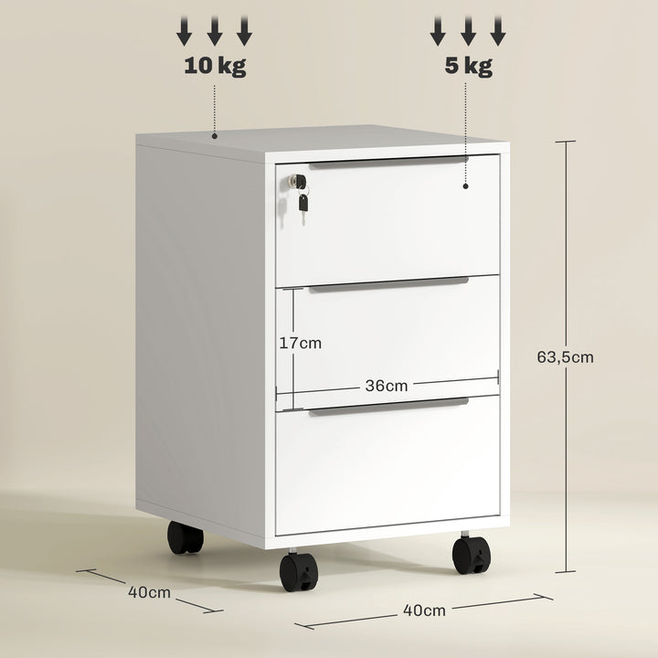 Bloco de Gavetas Móvel de Escritório com 3 Gavetas Fechadura Rodas e Travão para Documentos Arquivos 40x40x63,5 cm Branco