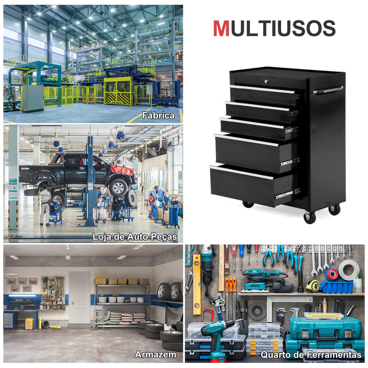 Carrinho de ferramentas com 5 gavetas para oficina - Preto - Chapa de aço - 61,5 × 33 × 85 cm (CxLxA)