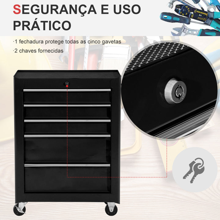 Carrinho de ferramentas com 5 gavetas para oficina - Preto - Chapa de aço - 61,5 × 33 × 85 cm (CxLxA)