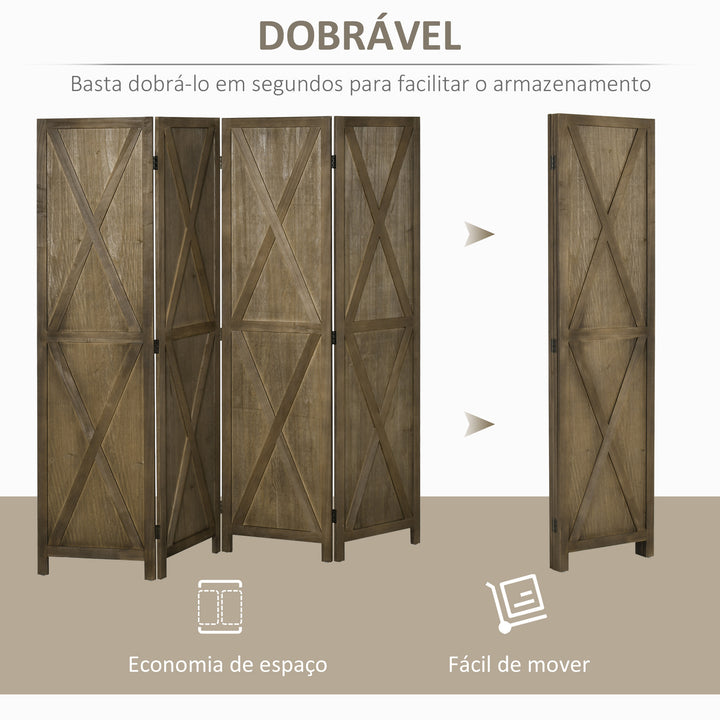 Biombo de 4 Painéis Separador de Ambientes Dobrável 182x170 cm Divisória para Espaços de Madeira Decoração Elegante para Dormitório Sala de Estar Marrom Acinzentado