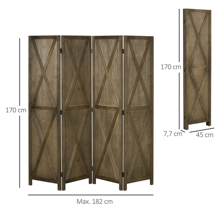 Biombo de 4 Painéis Separador de Ambientes Dobrável 182x170 cm Divisória para Espaços de Madeira Decoração Elegante para Dormitório Sala de Estar Marrom Acinzentado