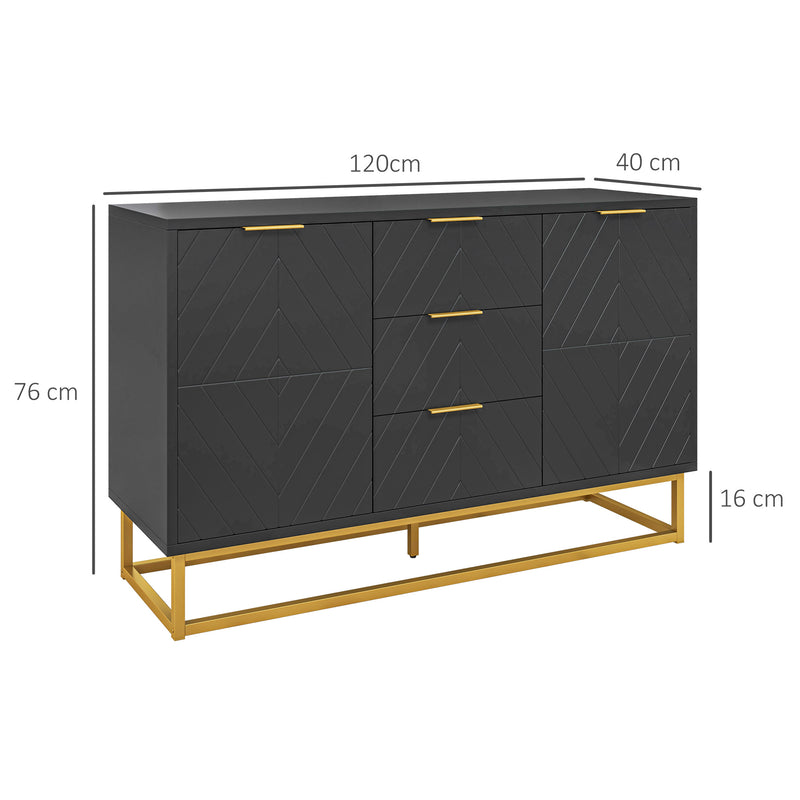 Aparador Auxiliar Armário de Armazenamento com 3 Gavetas e 2 Armários com Porta Prateleira Ajustável para Sala de Estar Cozinha 120x40x76 cm Preto