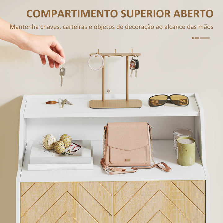 Sapateira de 2 Portas Sapateira para Entrada com Prateleiras Ajustáveis Compartimento Aberto e Pés em Madeira para 15 Pares de Sapatos 75x35x104 cm Branco e Madeira