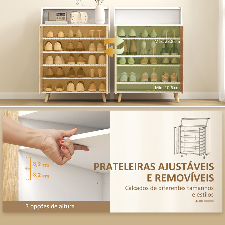 Sapateira de 2 Portas Sapateira para Entrada com Prateleiras Ajustáveis Compartimento Aberto e Pés em Madeira para 15 Pares de Sapatos 75x35x104 cm Branco e Madeira