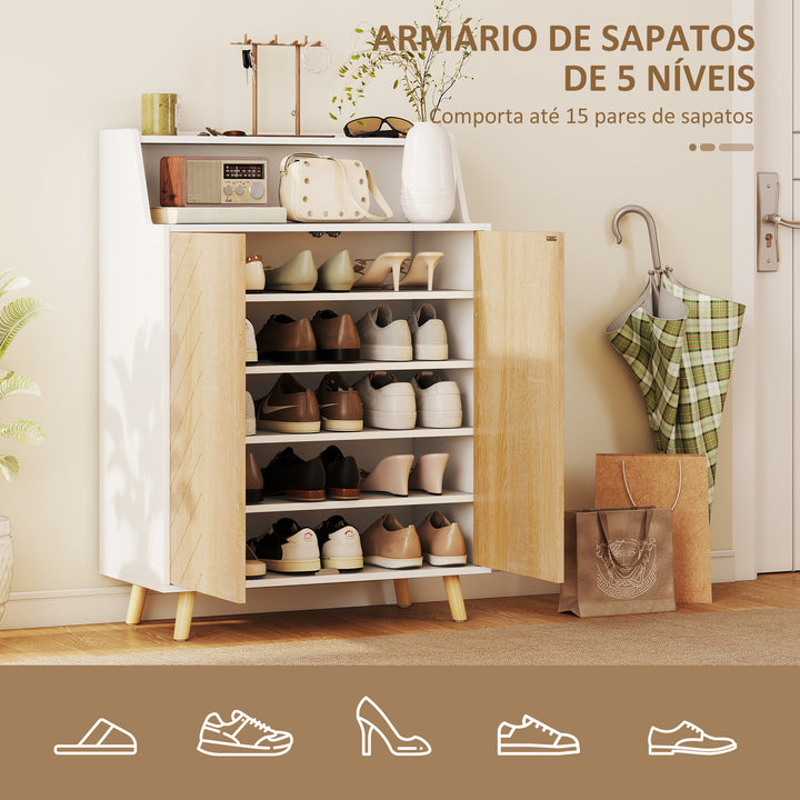 Sapateira de 2 Portas Sapateira para Entrada com Prateleiras Ajustáveis Compartimento Aberto e Pés em Madeira para 15 Pares de Sapatos 75x35x104 cm Branco e Madeira