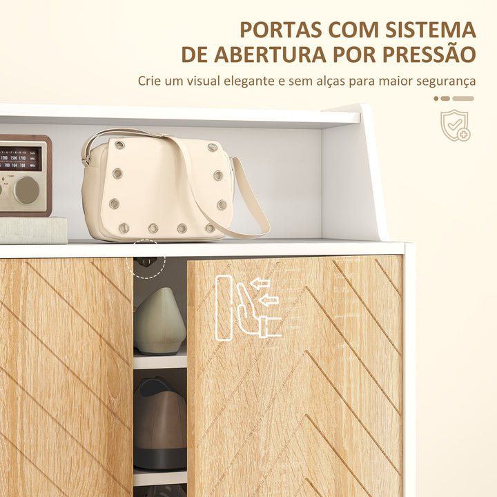 Sapateira de 2 Portas Sapateira para Entrada com Prateleiras Ajustáveis Compartimento Aberto e Pés em Madeira para 15 Pares de Sapatos 75x35x104 cm Branco e Madeira