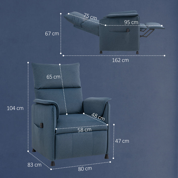 Poltrona Relax Reclinável Elétrica Poltrona Reclinável Silenciosa com Função Memória Apoio para Pés Controlo Remoto e Bolsos Laterais para Dormitório Sala de Estar 80x83x104 cm Azul Escuro