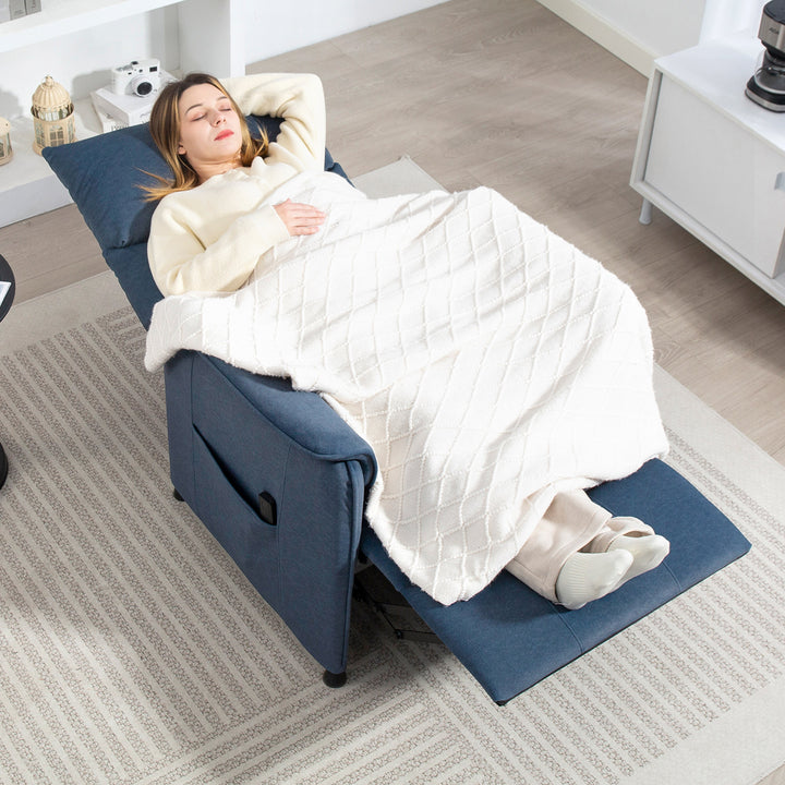 Poltrona Relax Reclinável Elétrica Poltrona Reclinável Silenciosa com Função Memória Apoio para Pés Controlo Remoto e Bolsos Laterais para Dormitório Sala de Estar 80x83x104 cm Azul Escuro
