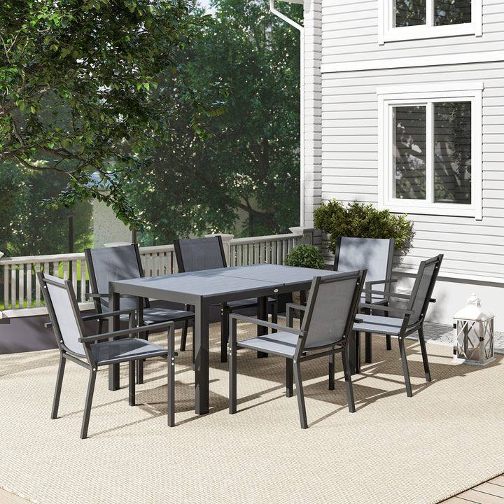 Conjunto de Mesa e Cadeiras de Jardim de 7 Peças Móveis de Exterior com 6 Cadeiras Empilháveis e Estrutura de Aço para Terraço e Pátio Cinzento Claro