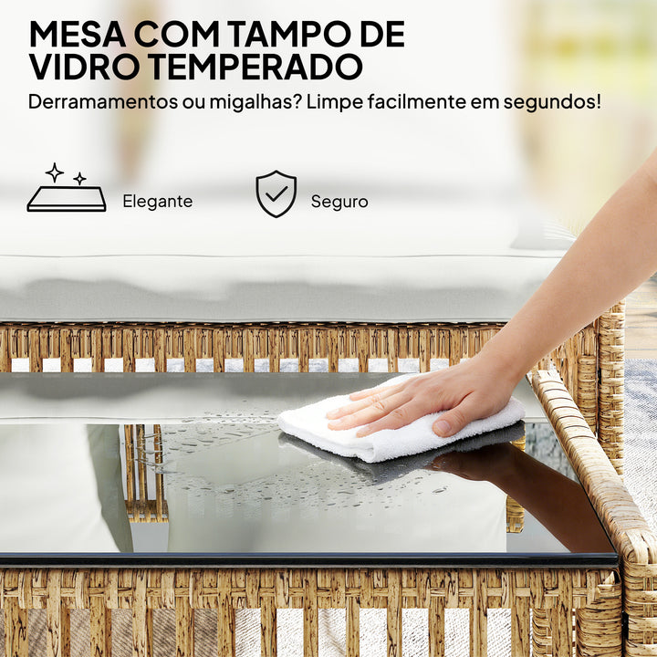 Conjunto de Jardim em Vime de 3 Peças Móveis de Exterior com 1 Sofá de 2 Lugares 1 Chaise Longue e 1 Mesa de Centro com Vidro Temperado, Almofadas Resistente Creme