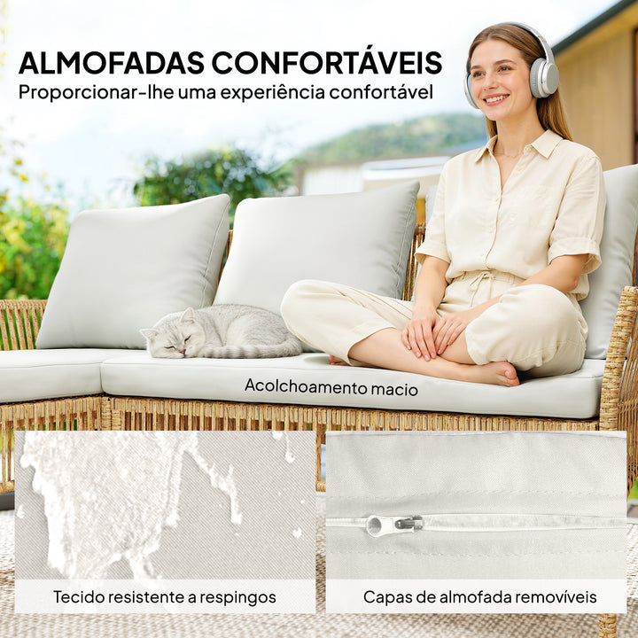 Conjunto de Jardim em Vime de 3 Peças Móveis de Exterior com 1 Sofá de 2 Lugares 1 Chaise Longue e 1 Mesa de Centro com Vidro Temperado, Almofadas Resistente Creme