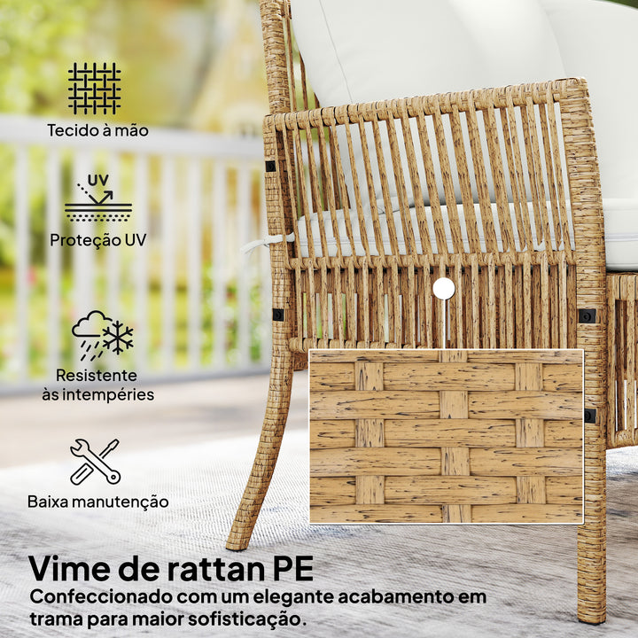 Conjunto de Jardim em Vime de 3 Peças Móveis de Exterior com 1 Sofá de 2 Lugares 1 Chaise Longue e 1 Mesa de Centro com Vidro Temperado, Almofadas Resistente Creme